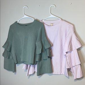 TWO ruffle sage green and lavender ruffle tops